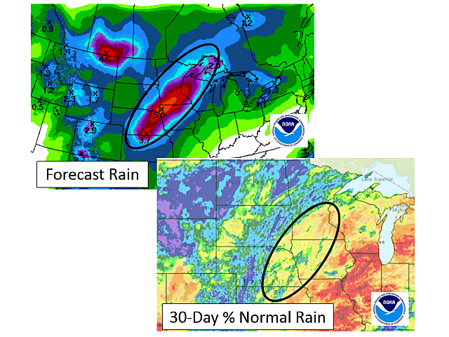 Heavy rain possible over the Western Corn Belt in the next week will delay harvest -- but is also lined up over some recently quite dry areas. (NOAA graphic by Scott Kemper)
